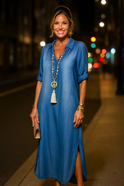 Lea | Lang Kjole i Denimlook med Sideslids