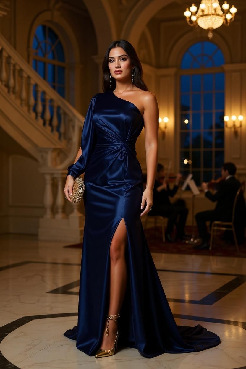 Elira Kjole | Satin gallakjole med én lang ærme